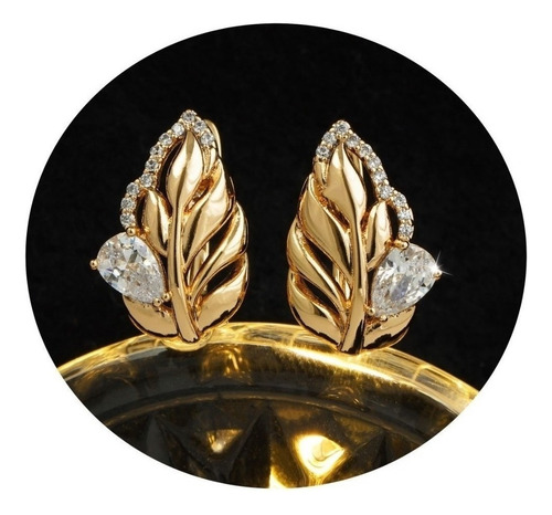 Aretes Hoja Otoñal Clip Oro 24k Diamante Gota Cristal Brillo