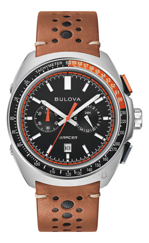 Relógio Bulova Racer Cronógrafo 98b427 Correia Marrom Bisel Preto/laranja Fundo Preto