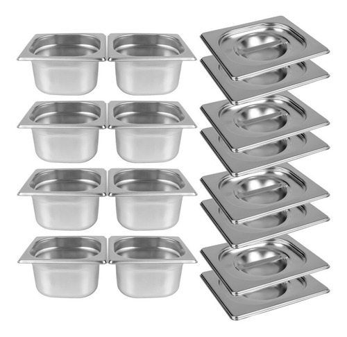 Kit De 8 Cubas Gastronômicas Com Tampa Buffet Inox 1/6 100mm