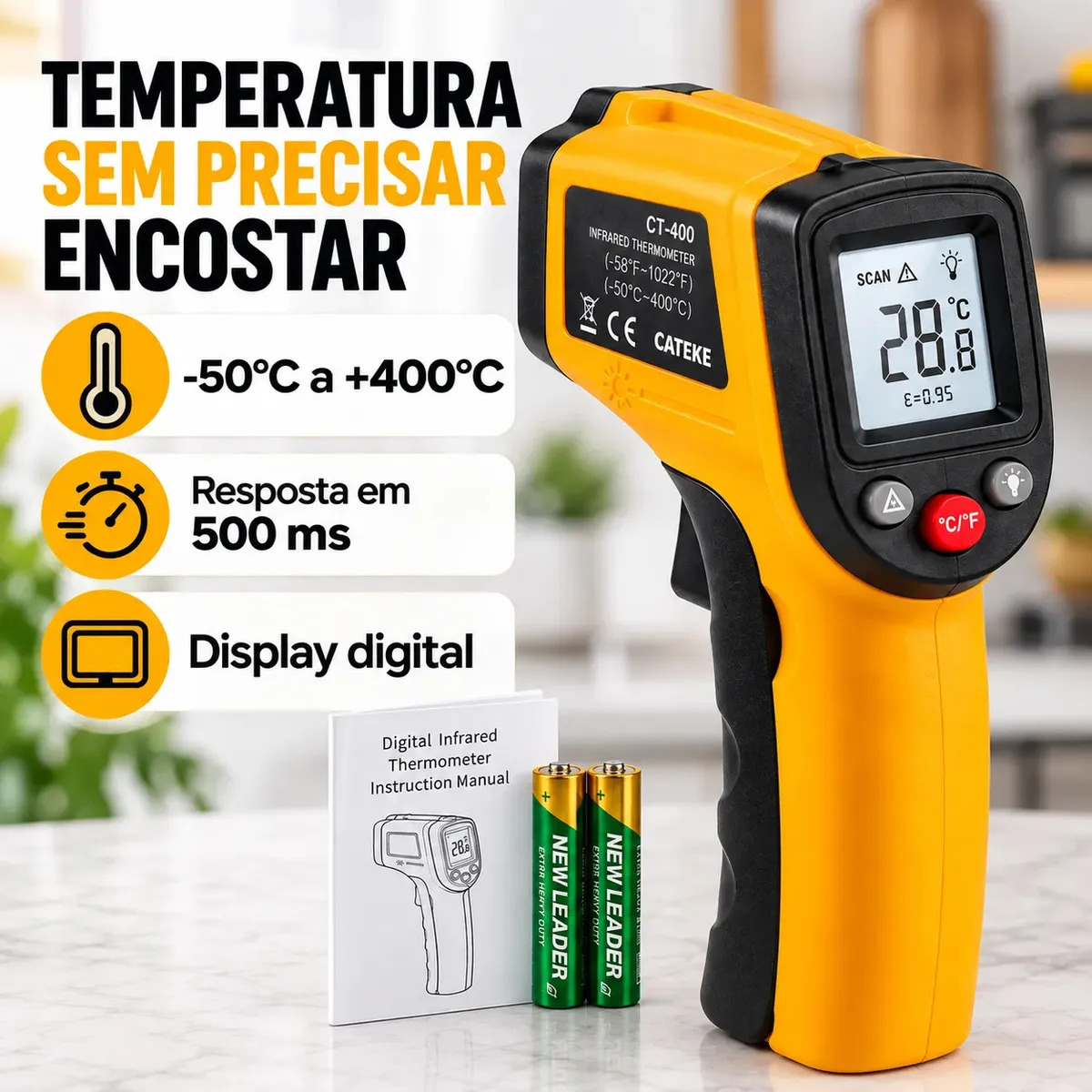 Termometro Culinario Digital Infravermelho Forno Ambiente Casa Cozinha Geladeira Carne Medir Temperatura Profissional Forno Eletrico Pistola Laser - Marca CATEKE®