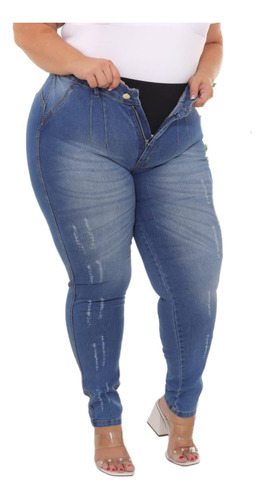 Calça Jeans Skinny Cinta Lipo Feminina Plus Size Destroyed