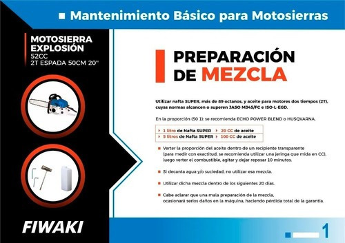 Imagen 8 de 10 de Motosierra Explosión 52cc Fiwaki 2 Tiempos Esp 50cm Nafta