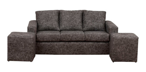 Sofá 3 Cuerpos Con 2 Pouf Cuero Auris Gris / Muebles América