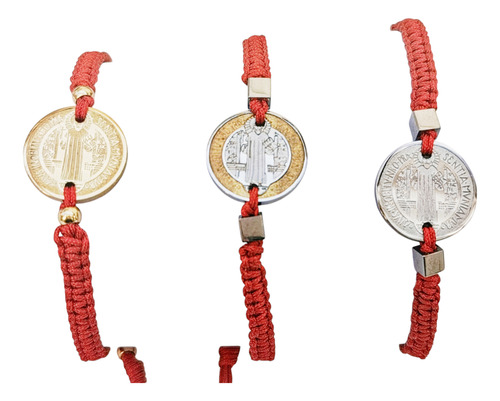 Pulsera San Benito, Medalla De Acero Tejida En Hilo Rojo