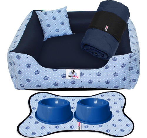 Kit Cama Caminha 4 Pçs Para Filhote Micro Pet 45x45 Cor Coroa Azul