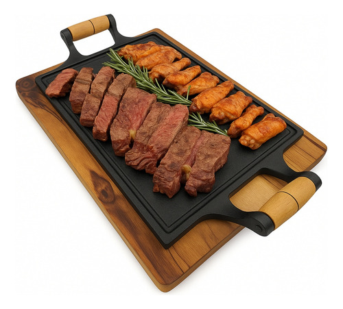 Tábua Churrasco Com Chapa De Ferro 34x24 Para Carne Porções