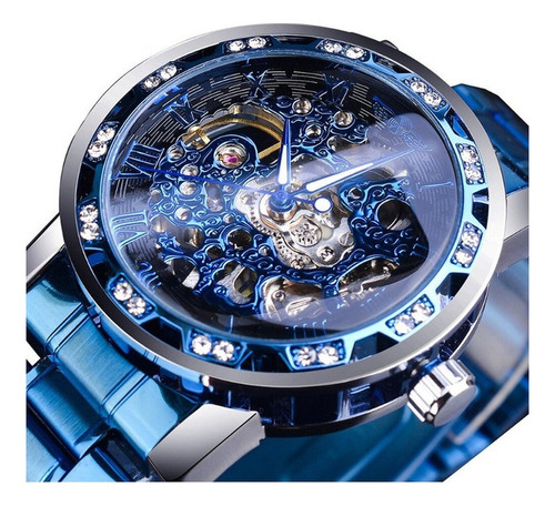 Relógio Automático De Luxo Impermeável Winner Masculino Cor Da Correia Blue/silver