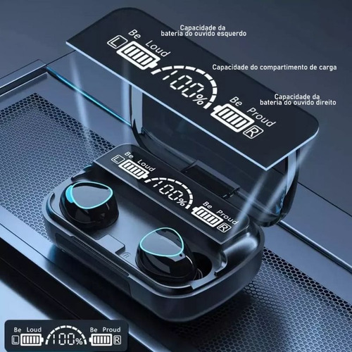 Fone Bluetooth M10 V5.3 Power Bank Tela Led Grave Forte Tws Cinza-escuro