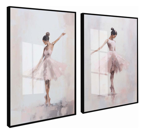 2 Quadros Decorativos Bailarina Ballet Rosa Moldura E Vidro