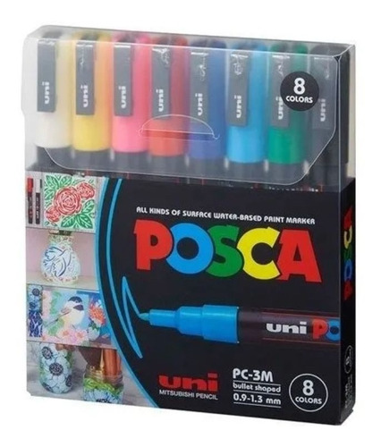 Estuche X 8 Marcadores Posca Pc-3m 1,3mm Colores Clasicos