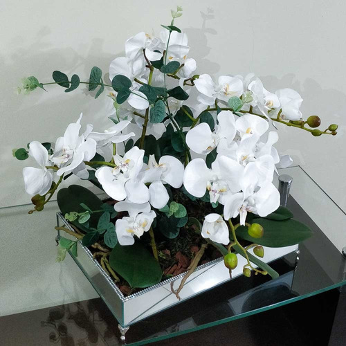 Arranjo Para Mesa De Jantar Orquídeas Branca Bandeja Espelho | Parcelamento  sem juros