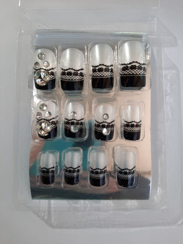 Press On Manicure Uñas Postizas Diseños Blanco Negro 12pcs