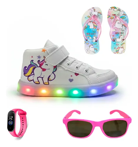 Tênis Infantil De Led Unicórnio + Chinelo Oculos Relogio