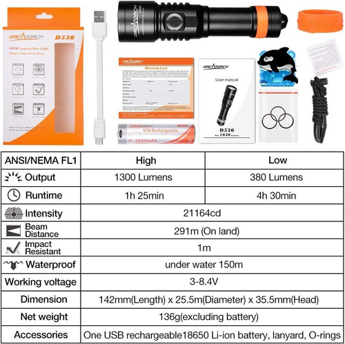 Linterna Led De Buceo Orcatorch D530, 1300lm, Recargable