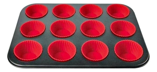 Forma Cupcake Antiaderente + 12 Forminhas Silicone Vermelha