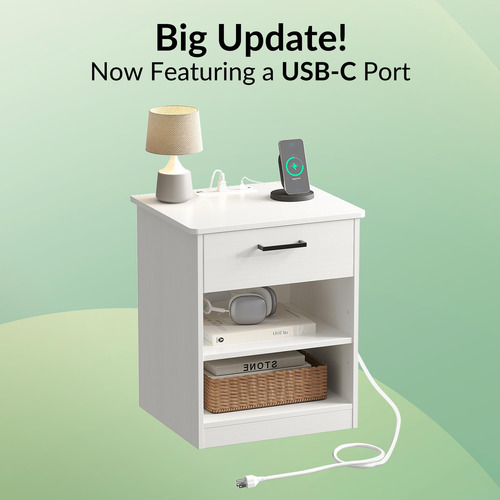 Mesa Auxiliar Blanca Con Carga Rápida Y Cajón Para Dormitori