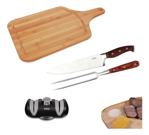 Kit Churrasco Tábua De Cortar 50cm + Faca E Garfo + Afiador