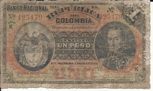 Colombia 1 Peso Oro 2 De Enero 1893