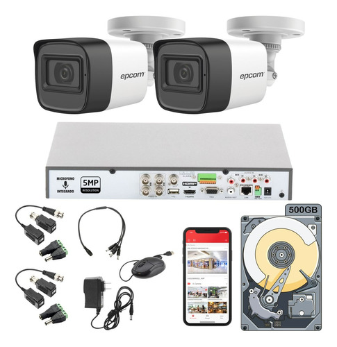 Kit Video Vigilancia Epcom 2 Cámaras 5mp Audio Baluns 500gb