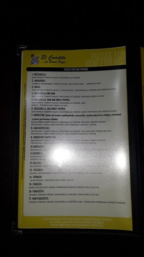 Carta De La Famosa Pizzería El Cuartito De Buenos Aires. (Usado)
