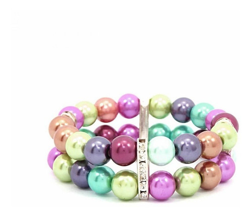 Pulseira Pérolas Coloridas Duas Voltas Com Strass