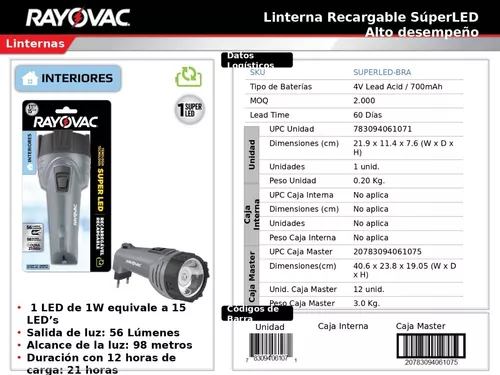 Lanterna Recarregavel Super Led Media Bivolt-Rayovac - Centro Elétrico