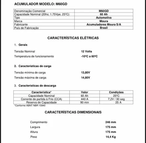 Bateria Automotiva Moura M60GD Selada, 60 Amperes, Positivo