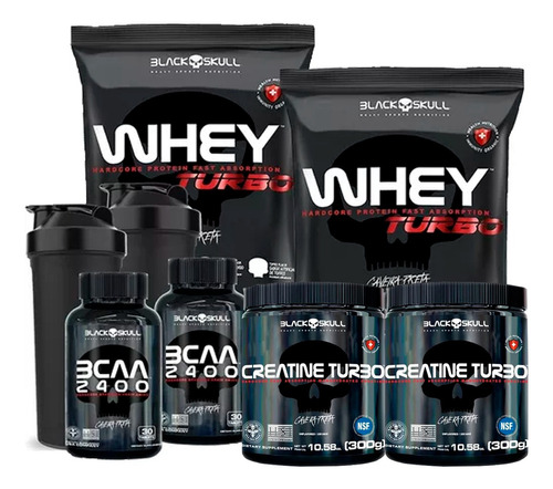 Combo 2x Whey Turbo 900g + Bcaa + Creatina 300g -black Skull Sabor Baunilha