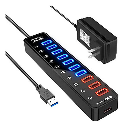 Atolla 11 puertos USB 3.0 Hub 7 Puertos Multi USB 3.0 de 5Gbps + 4 puertos de carga inteligente con interruptor LED de ON/OFF individual y adaptador de alimentación
