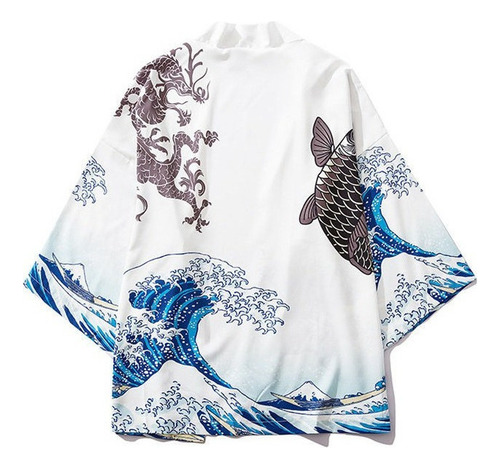 Cárdigan Tradicional Estilo Kimono Con Ondas Y Peces