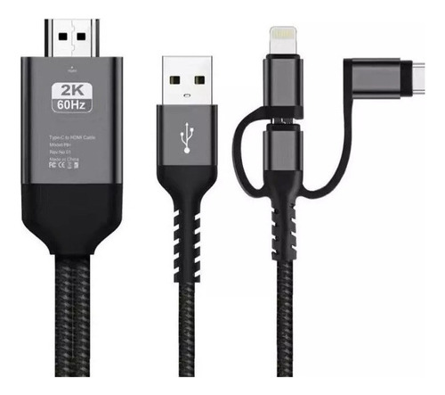 Cabo 3 em 1 tipo C/micro-USB para HDMI, cor preta