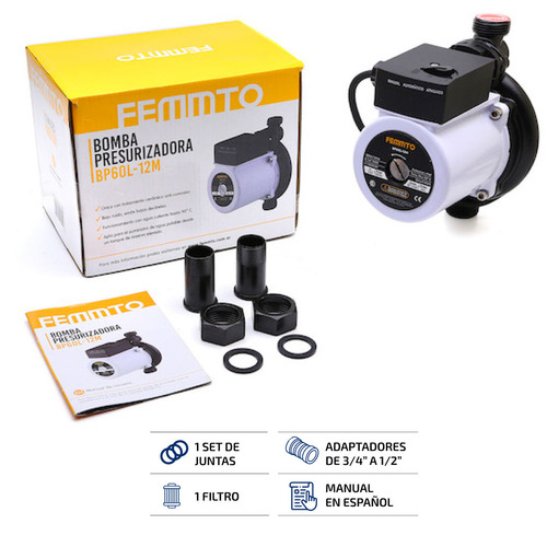 Bomba Presurizadora Agua Presion Femmto Bp60l-12m 12 Metros 4 Baños Elevadora Negro