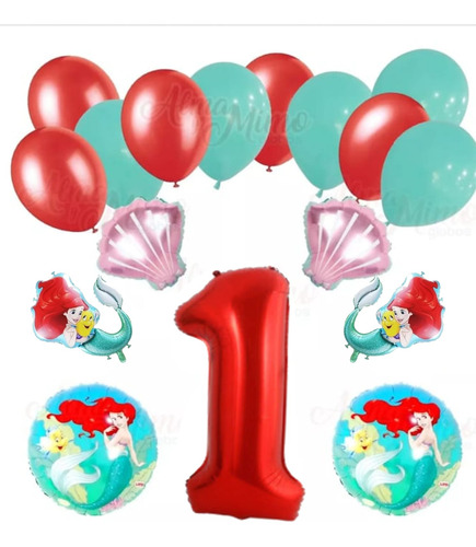 Globos Ariel La Sirenita X 4 + Nro 80 Cm + Latex  + Ostras