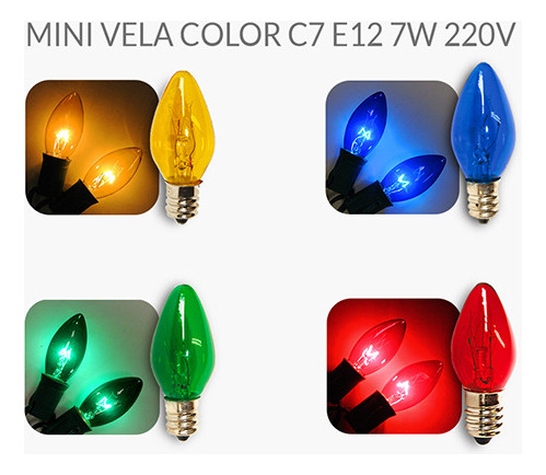16 Lâmpadas Mini Vela C7 7w 220v Rosca E12 Am, Az, Vd, Vm