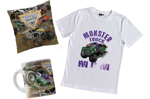 Remera Monster Jam Trucks Combo Con Taza Y Almohada