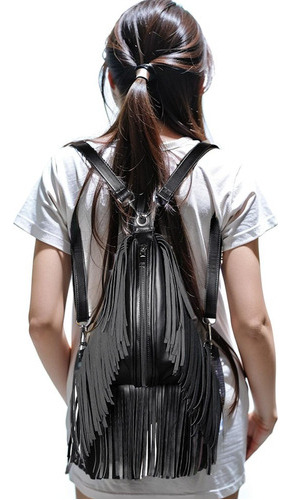 Mochila Negra Con Borlas, S De Navidad, Piel Sintética