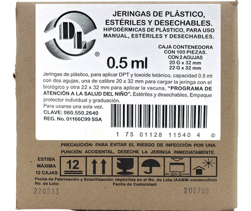 Jeringa 0.5 Ml Doble Aguja Para Aplicar Dpt Caja Con 100