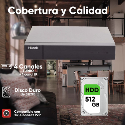 Hilook HL-1080-CV/A/512GB Kit De Video Vigilancia Turbohd Con Dvr 4 Canales Con H.265+ 4 Cámaras Bala Metálicas Disco Duro 512gb