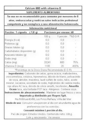 Calcio 600 Mg + Vitamina D3 60 Capsulas - Nature's Truth