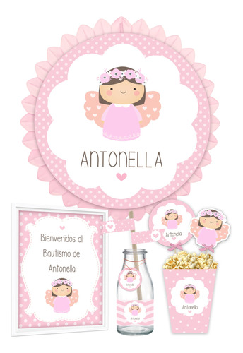 Kit Imprimible Bautismo Angelita Nena Rosa + Banner Circular