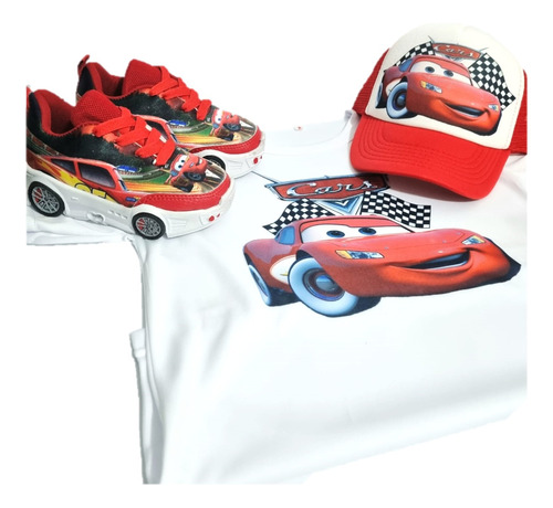 Tenis Luces Leds,gorra Y Playera Combo Rayo Mcqueen Cars