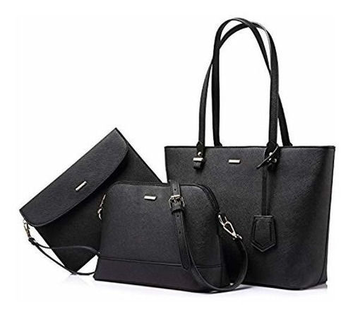 Set De Bolsas Para Dama Hombro Tote Satchel Hobo 3 Pzas Color Negro Diseño de la tela Liso