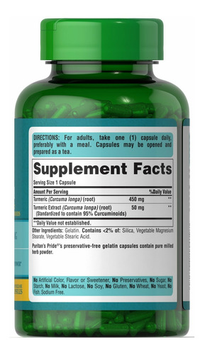 Imagen 2 de 2 de Suplemento en cápsulas Puritan's Pride Turmeric Curcumin cúrcuma en pote 180 un