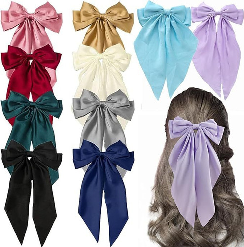 10 Pcs Large Satin Hair Ribbons, Silk Filament Bow Barrettes