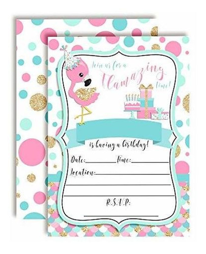 Flamazing Pink Aqua & Gold Glitter Polka Dot Flamingo Invita