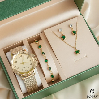 Relógio Feminino + Colar Pulseira E Brincos Folheados A Ouro Semi Jóia Feminina Cor Verde Marca Popsy Qualidade Luxo