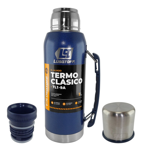 Imagen 6 de 10 de Termo Acero Inox 1 Litro Lusqtoff Azul Frio Calor Manija