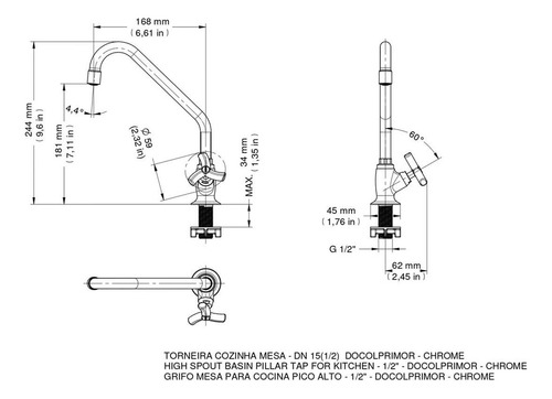 Kit 3 Un. Torneira Cozinha Mesa Alta 1/4v Crom. Primor Docol
