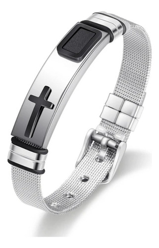 Pulseira Cruz De Malha De  Aço Inox Prata