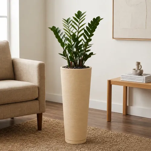 Vaso Para Plantas Polietileno Coluna  Ibiza Alta Com Prato Bege Escovado